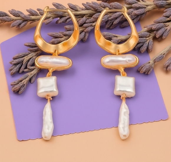 🆕️Gold Pearl Drop Earrings, Statement Dangle Earrings, Boho Chic Bridal Jewelry - Picture 14 of 14